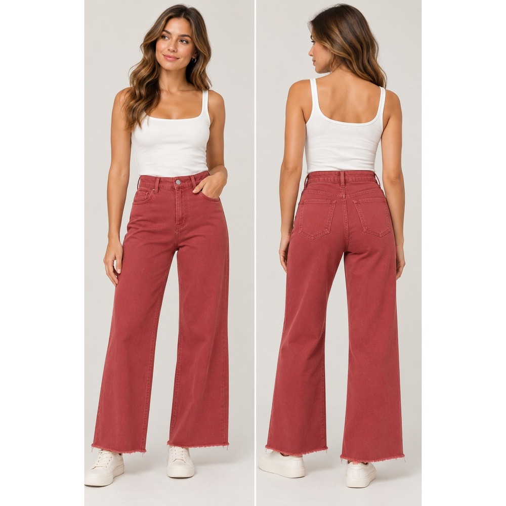 AnnieWear NWT Mineral Red Wide Leg Jeans High Rise Raw Hem AP6002 Womens Small